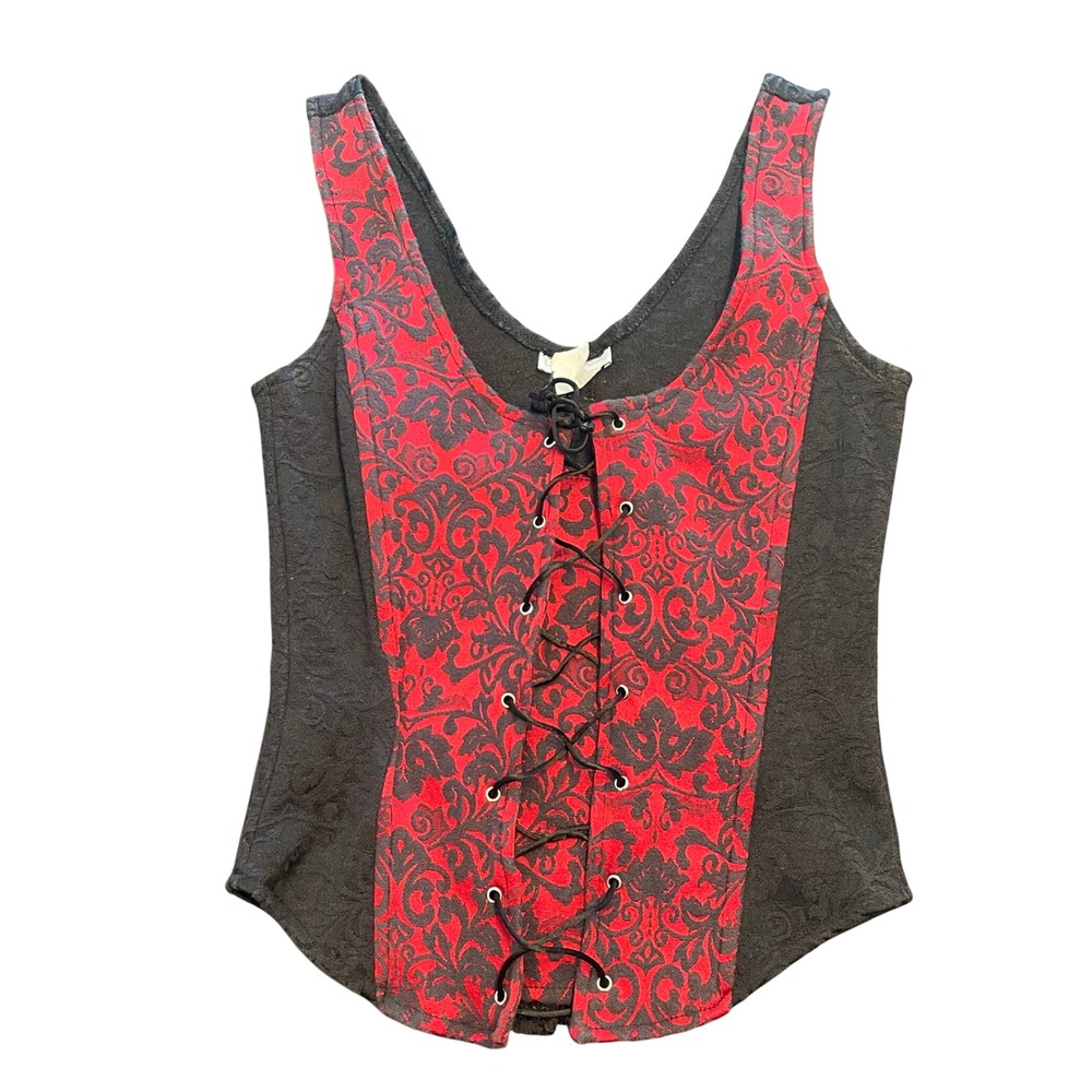 Vintage Y2K Red Black Damask Brocade Corset Vest Lace Up Front Bodice Top